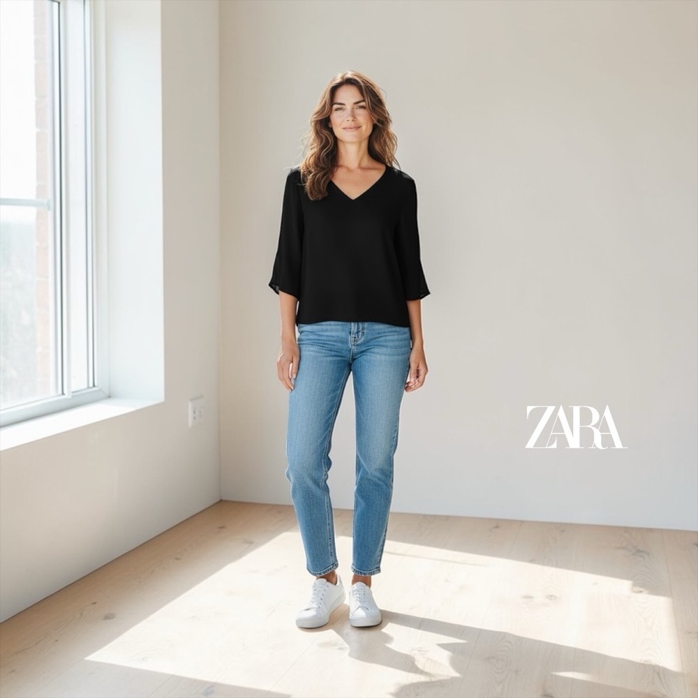 ZARA WOMAN, Black Polyester Flow Blouse XL 3/4 Sleeve V-Neck Minimal Chic